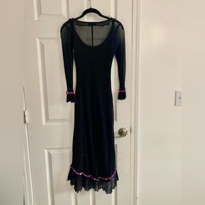 Betsy Johnson black midi dress, floral embellishment on cuffs and hem. Sz petite